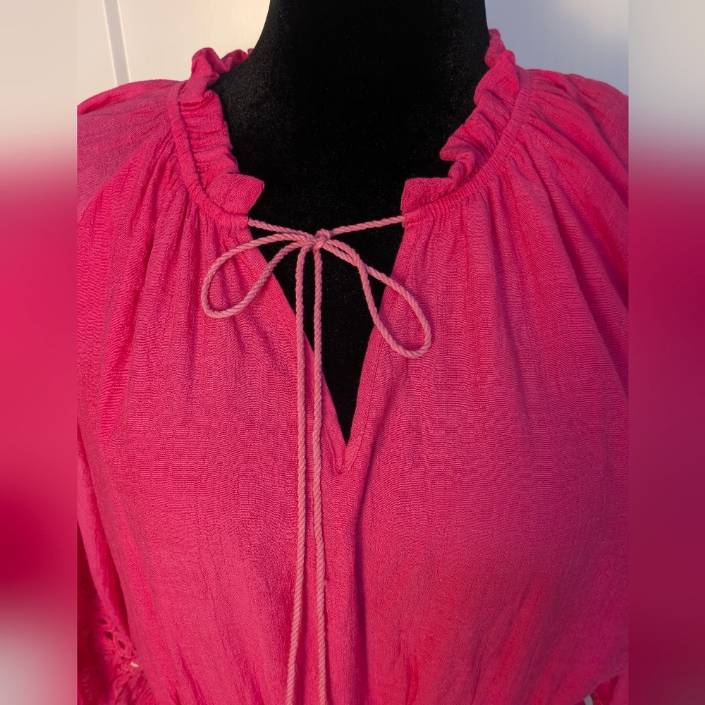 Fuchsia Pink Smocked Poplin Lace Embroidered Mini Dress Pullover Sz L - Picture 5 of 14